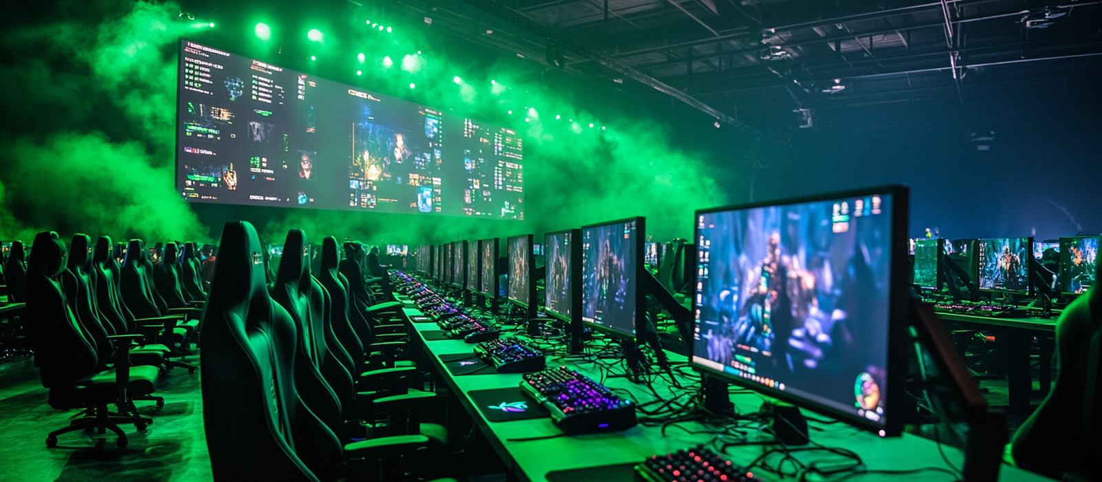 Scena turnieju e-sportowego z zawodnikami przy stanowiskach gamingowych